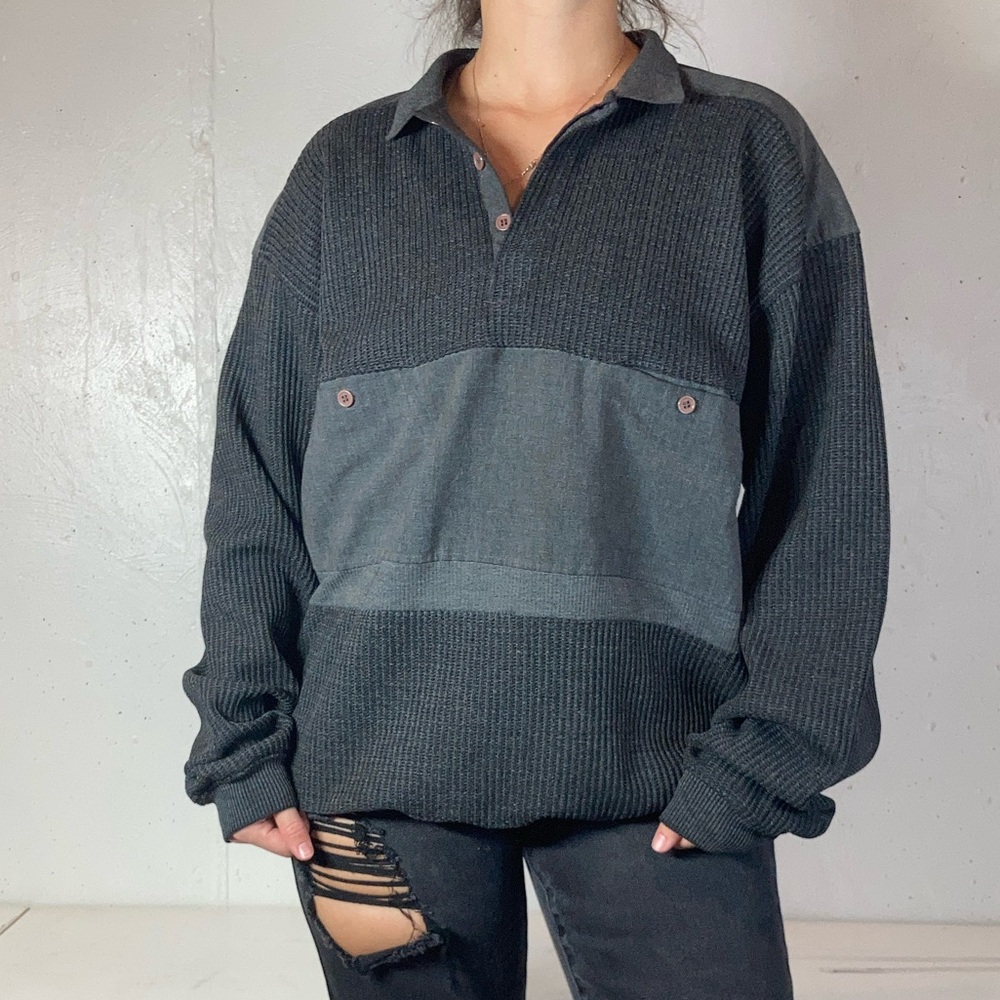 Vintage Charcoal Gray Waffle Knit Woven Collared Sweatshirt
